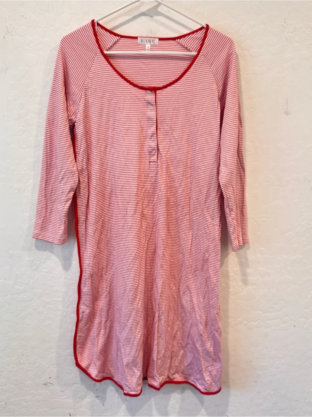 Lake Red White Striped Henley Sleep Shirt Nightgown Womens Medium Cotton